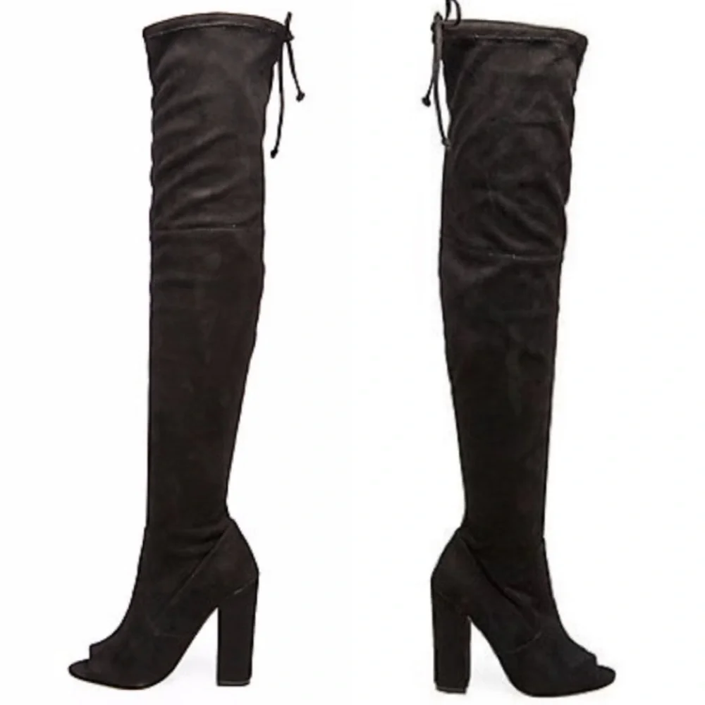 STEVE MADDEN Peep Toe Thigh High Black Pull On Boots Size 7
